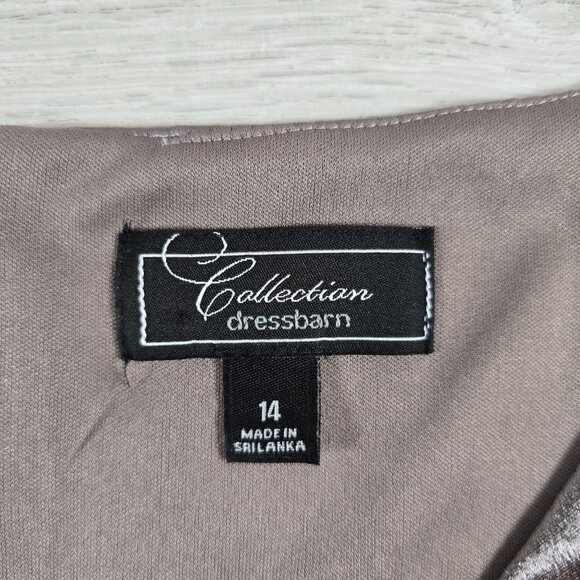 Dress Barn Party Dress Sz 14 Taupe Satin Midi Ruffle Sleeveless V Ruched Evening - Picture 6 of 8